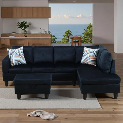 Miniatura 24 de Sofá modular de cuero en forma de L de 3 piezas – Sofá modular convertible con diván móvil y otomana de almacenamiento, uso multiescenario para sala
