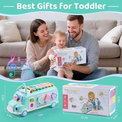 Miniatura 7 de Juguete de Xilofón de Autobús Escolar para Bebés para Niños Pequeños de 1 a 3 años, Juguetes Musicales Montessori de Autobús de 5 en 1, Regalos