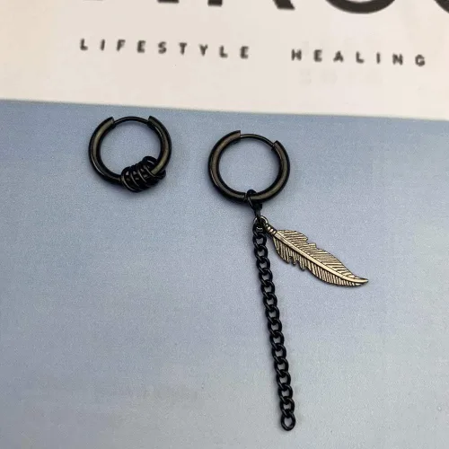 Miniatura 4 de Aretes de aro para hombre con cruz de pluma y cono de cadena de bola, de acero inoxidable 316L negro, estilo punk, hip hop, rock, gótico, Kpop