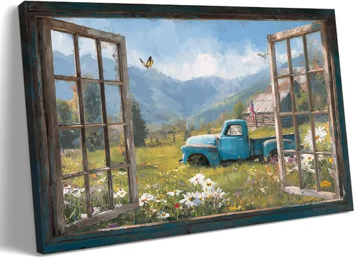 Miniatura 31 de Decoración rústica de granja en lienzo con ventana abierta, impresiones artísticas para pared, pintura de camión viejo, lienzo de granero y bandera