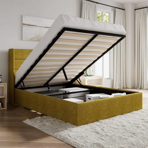 Miniatura 21 de SHA CERLIN - Cama de tamaño completo con almacenamiento elevado/Cabecero abatible moderno/Base de cama tapizada con plataforma/Almacenamiento Beige