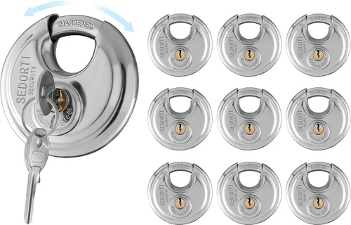SEDORTI Paquete de 10 candados de disco con llaves iguales, 2-3/4 pulgadas de ancho, cerradura redonda de acero inoxidable 304, cerradura de