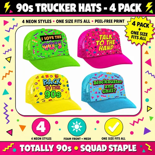 Miniatura 3 de Sterling James Co. Throwback - Sombreros de fiesta de los años 90 (paquete de 4) – Divertidos sombreros de camionero con temática de los años 90