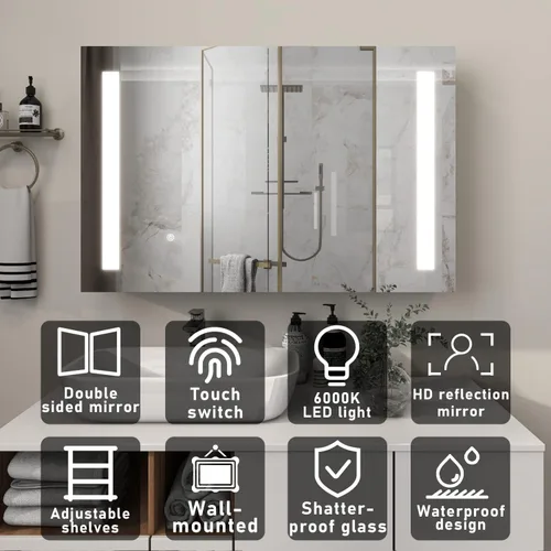 Miniatura 3 de Botiquín de baño con espejo de tocador LED, montaje en superficie de luz ajustable de 3 colores, gabinete de baño con luz antiniebla