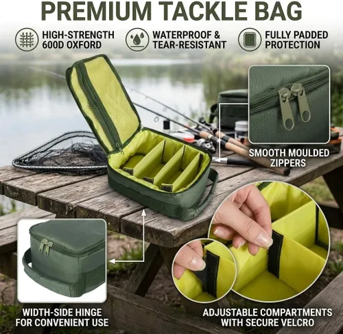 Miniatura 3 de Bolsa de aparejos de pesca, bolsas de pesca impermeables, carrete de pesca portátil y bolsa de equipo con 3 divisores ajustables para carretes