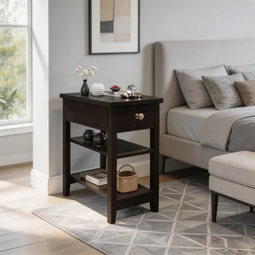 Miniatura 10 de Mesa auxiliar con cajón y estantes dobles, mesa auxiliar para sofá, mesita de noche para espacios pequeños, sala de estar, dormitorio, oficina Blanco