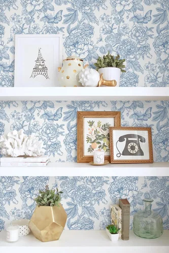Miniatura 9 de Safiyya Papel tapiz floral para despegar y pegar, papel de contacto azul y blanco, papel tapiz bohemio para dormitorio, papel de pared de peonía