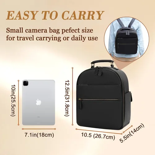 Miniatura 2 de Mochila para cámara pequeña, piel sintética clásica con compartimento para tableta de 11 pulgadas, bolsa de cámara profesional para fotógrafos