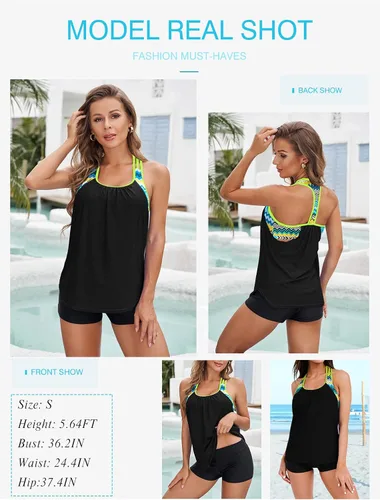 Miniatura 7 de Traje de baño Aleumdr, tankini para mujer, parte superior push-up tipo blusa de tirantes delgados con estampado a rayas, espalda en T y short