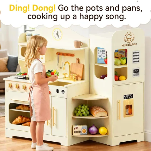Miniatura 7 de Juego de cocina para niños con diseño giratorio, juego de cocina de madera para niños con máquina de hielo, juego de cocina de juguete para niños