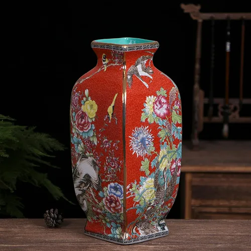 Florero cuadrado de color esmaltado de flores y pájaros, jarrón de cerámica, decoración de porcelana china antigua, manualidades, rojo