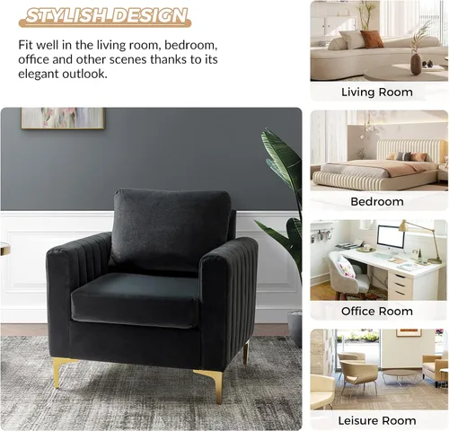 Miniatura 7 de HULALA HOME Silla de club de acento de terciopelo, sillón de terciopelo moderno tapizado de club con patas de metal dorado de mediados de siglo