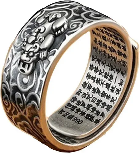 JAJAFOOK Anillo de plata 990 FENG Shui antiguo Xiangyun PIXIU MANI Amuleto Anillo Lucky Wealth Budista Mantra Joyería, ajustable, Metal, Zirconia