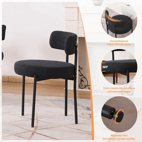 Miniatura 4 de Juego de 2 sillas de comedor negras, sillas de comedor modernas de mediados de siglo, respaldo curvado, sillas de comedor tapizadas redondas