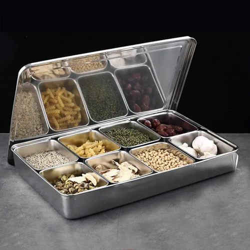 Miniatura 4 de Juego de recipientes para condimentos, 8 rejillas, acero inoxidable, sal y azúcar, organizador de almacenamiento, utensilios de cocina