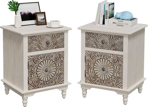 Miniatura 15 de SUNBURY Juego de 2 mesitas de noche vintage, mesa de noche pequeña de madera con cajón y estante abierto, mesa auxiliar de acento shabby para sala