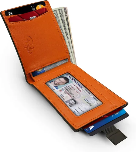 Miniatura 4 de Bryker Hyde Cartera de cuero delgada plegable con bloqueo RFID para hombres, bolsillo frontal, bolsillo para facturarecibo, Negro y naranja