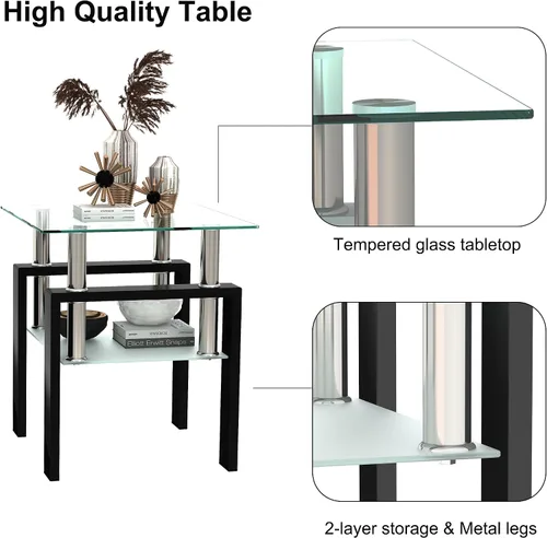 Miniatura 5 de Mesa auxiliar de vidrio moderna para sofá, mesa de centro pequeña, mesa de centro negra, mesa de sala de estar, mesita de noche cuadrada, muebles