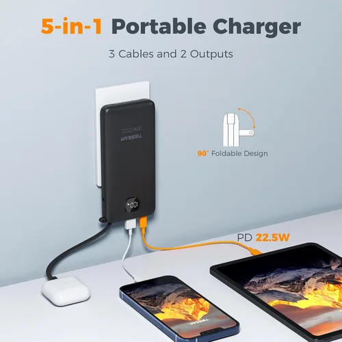 Miniatura 2 de TESSAN Cargador portátil con cables incorporados, banco de energía de 10000 mAh de carga rápida con enchufe AC plegable, batería compacta de 20W
