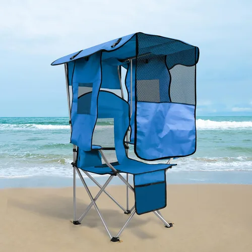 ptlsy Silla de playa con toldo de sombra, silla de camping plegable para adultos con portavasos, bolsa enfriadora para campamento, pesca, playa, Azul