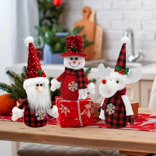 Miniatura 4 de Decoraciones navideñas de búfalo rojo para interiores, 3 piezas de muñeco de nieve de Navidad rojo, Papá Noel y reno, bandeja escalonada de felpa