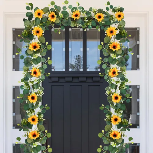 Miniatura 7 de Uieke Paquete de 2 guirnaldas artificiales de girasol, 6 pies/hebra, girasoles de seda colgantes enredaderas, guirnalda de flores con hojas verdes