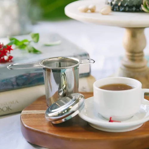 Miniatura 7 de Infusor de té, filtros de malla fina más empinados de acero inoxidable, colador de té de gran capacidad con mango y tapa plegables, colgar