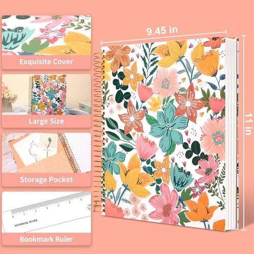 Miniatura 6 de CAGIE Cuaderno de espiral de tapa dura con rayas universitarias estéticas en espiral con bolsillos grandes, cuaderno de notas para tomar notas