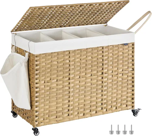 Miniatura 10 de SONGMICS Cesta de lavandería con tapa, 42.3 galones (160 L), cesta de lavandería con ruedas, ratán sintético de 3 secciones, forro extraíble, Gris