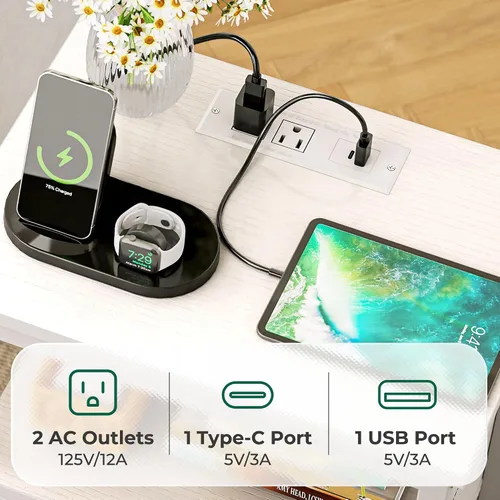 Miniatura 4 de Huuger Cómoda blanca con 5 cajones y estación de carga, cómoda alta para dormitorio, mesita de noche alta con acabado de piel sintética, estante