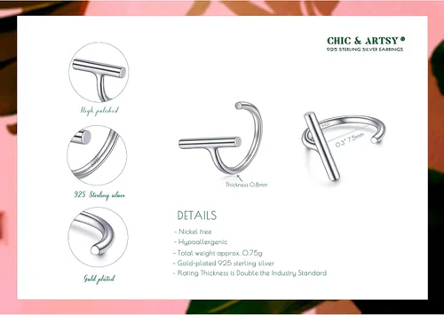 Miniatura 5 de Aretes de medio aro, aretes de aro pequeños de plata de ley 925 de bola, barra, estrella, luna, corazón, cruz, punto, triángulo, aretes
