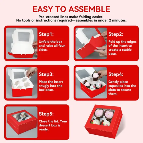 Miniatura 4 de Juego de 10 cajas para cupcakes a granel con ventana transparente para 4 cupcakes estándar, contenedor desechable de grado alimenticio rojo