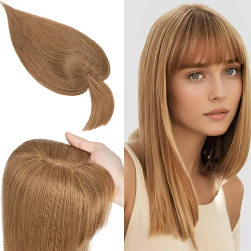 Miniatura 20 de SEGO Toppers de cabello humano 100% real, con flequillo de aire, base de seda 150% de densidad, topper con clip, 2.7 x 5.1 pulgadas, piezas