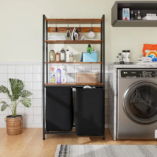 Miniatura 7 de Furnulem Organizador de Ropa de 4 Niveles con Estante y Ganchos, Cesta de Lavandería Alta Clasificadora con 2 Bolsas Removibles, Organizadores