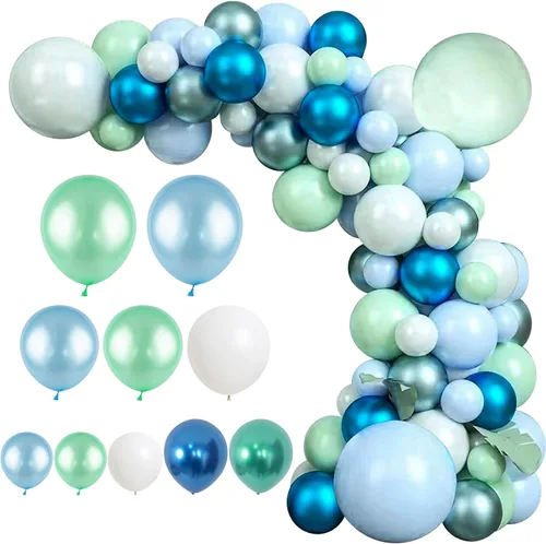 Kit de guirnalda de globos de 125 piezas azul verde macarrón y globos azul metálico plateado para decoración de fiestas de cumpleaños, jubilación,