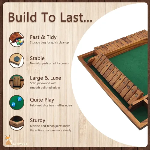 Miniatura 2 de Shut The Box Game Tablero de madera (13.78 pulgadas) para 1-4 jugadores, juegos de dados familiares para adultos con 12 dados, aprendizaje educativo