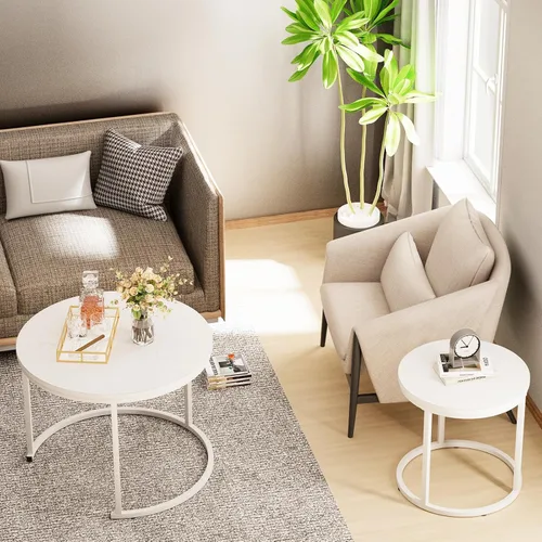 Miniatura 4 de Garden 4 you Mesa de Centro Anidable, Juego de Mesa de Centro Redonda de 23.6", Juego de 2 Mesas Anidables de Madera con Marco de Metal, Mesas Blanco