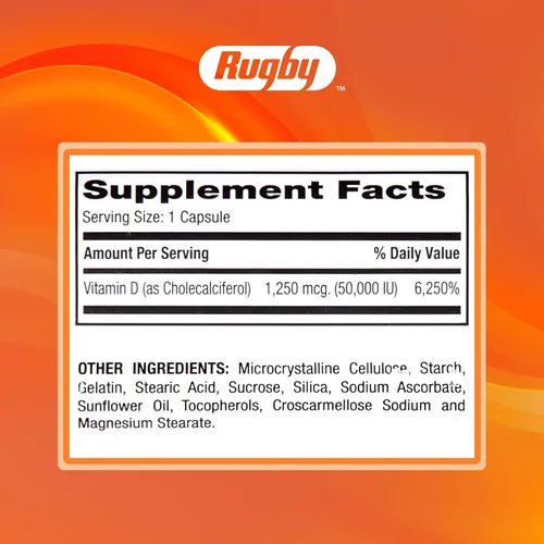 Miniatura 8 de Rugby Vitamina D3 50,000 UI (1250 mcg) - Suplemento de vitamina D de alta potencia para huesos, dientes e inmunidad, 100 cápsulas