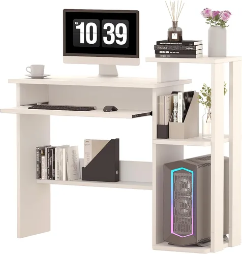 Miniatura 11 de ALISENED Escritorio pequeño de 76 cm para computadora con bandeja para teclado y soporte para monitor, escritorio de estudio y escritura