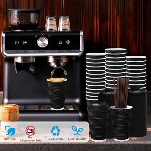 Miniatura 2 de Paquete de 100 tazas de café desechables de pared ondulada corrugada de 16 onzas con tapas y pajitas, tazas aisladas resistentes para bebidas