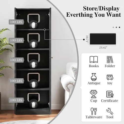 Miniatura 5 de IRONMIX - Vitrina de exhibición moderna con puertas, gabinete curio de metal con estantes, vitrinas de 180 cm de alto para coleccionables