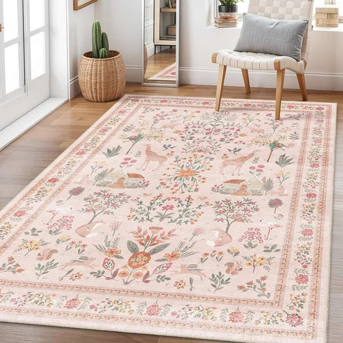 Miniatura 8 de Alfombra de área de 5 x 7 pies para sala de estar, alfombra verde boho antideslizante lavable, alfombra vintage de pelo bajo, alfombra grande