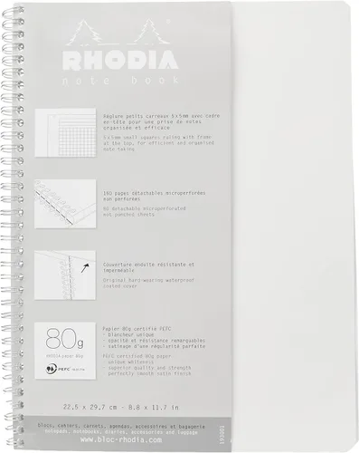 Rhodia 193001C - Cuaderno de espiral (encuadernado completo) - Blanco - A4+ - Cuadros pequeños - 160 páginas extraíbles - Papel Clairefontaine