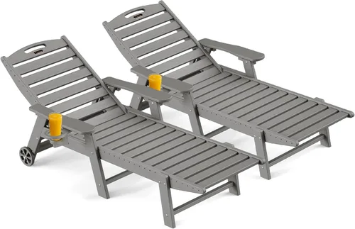 Miniatura 37 de Ciokea Silla de Descanso para Exteriores, Tumbona de Gran Tamaño con 5 Posiciones, HDPE, Silla de Descanso de Patio con Ruedas y Portavasos para Gris