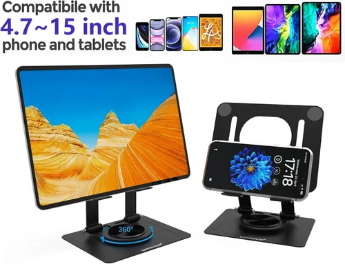 Miniatura 5 de Soporte para tablet para escritorio, con base de metal giratoria de 360°, soporte de doble varilla ajustable multiángulo, accesorios de oficina