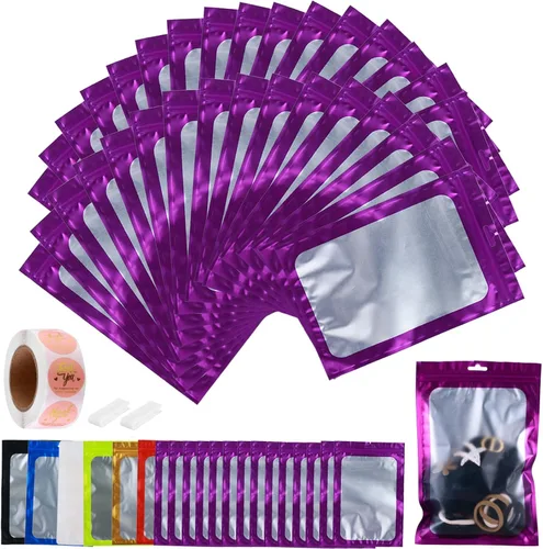 Miniatura 21 de Paquete de 150 bolsas holográficas de Mylar de 5 x 8 pulgadas con ventana transparente, pequeñas bolsas de papel de aluminio resellables