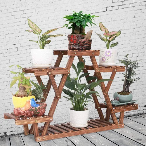 Miniatura 7 de Soporte de madera para plantas para interiores, estante de 6 niveles con forma de triángulo, soporte para macetas de múltiples niveles para patio