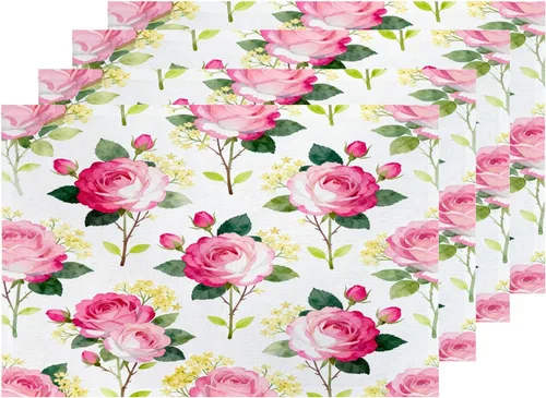 Shrahala Hermosos manteles individuales de flores de rosas, hermosas flores, elegantes manteles de lino de arpillera lavable, aislamiento térmico de
