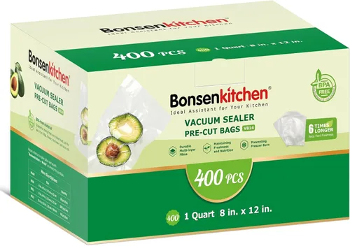 Bonsenkitchen Bolsas Selladoras al Vacío, 400 Bolsas de Sellado de Alimentos Precortadas Tamaño Cuarto de Galón 8" x 12", Grado Comercial, Sin BPA,