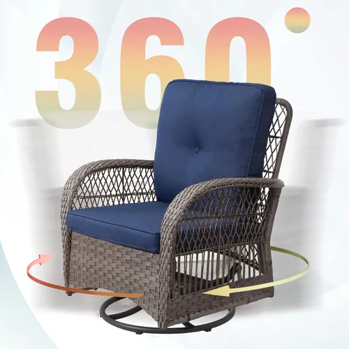Miniatura 4 de Joyside Juego de 2 sillas giratorias para patio al aire libre y mesa auxiliar a juego, juego de 3 piezas de mimbre para patio con cojines de tela